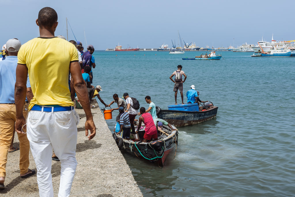 Hombres descargando pescado en el muelle del mercado do peixe de Mindelo