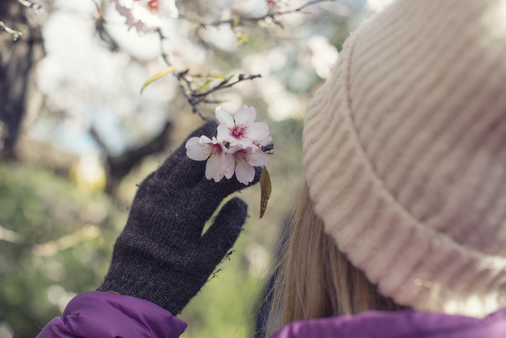 Niña con flor de almendros en flor