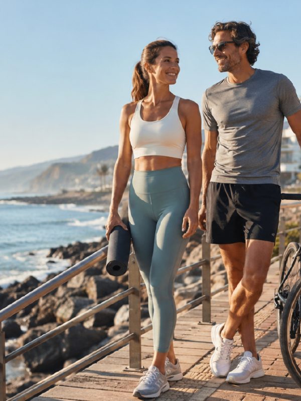 Pareja con ropa deportiva paseando junto al mar en Gran Canaria, con bicicleta y esterilla de yoga.